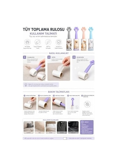 4 Lü Set Tüy Toplama Rulosu, 60 Yapraklı Güçlü Yapışkan Sticky Roller, Pati Tasarımlı Sap, Kedi Köpek Tüyü Temizleyici, Kıyafet Koltuk Halı Ve Araç İçi İçin 20 Cm