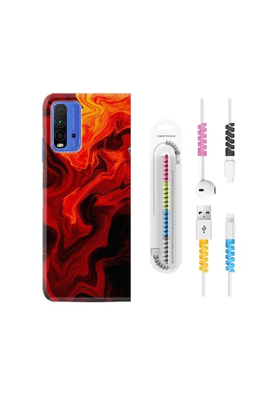 Xiaomi Redmi 9T Kılıf +Kablo Koruyucu Red Orange Zigzag 1695