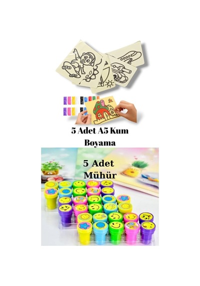 Nostaljik Oyuncak Mühür Istampa 5 Adet + Kum Boyama Seti 5 Adet A5 Boyutunda 20x13,5 Cm