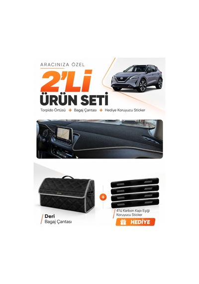 E-biz Nissan Qashqaı 2021-2024 Uyumlu Torpido Örtüsü + Deri Bagaj Çantası Seti - Siyah-gri - Nı021