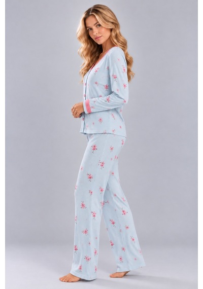 Pijamask Kadın Çiçek Ve Kelebek Desenli V Yaka Düğmeli Uzun Kollu Kaşkorse Pijama Takımı Mavi