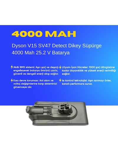 Dyson V15 Sv47 Detect Dikey Süpürge 4000 Mah 25.2 V Batarya  Uyumlu Uzun Ömürlü, Yüksek Performans Pil