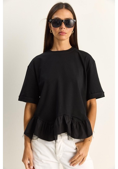 Shade Kadın Tül Detaylı Volanlı Oversize Basic T-shirt 8789 60286165 - Siyah