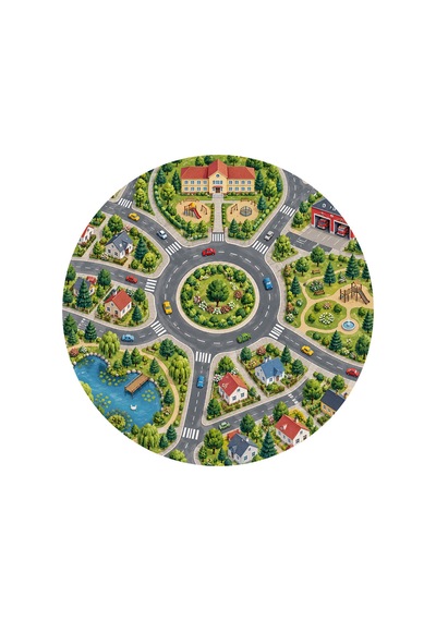 Kartela Halı Şehir Kavşağı Yuvarlak Çocuk Oyun Halısı Kaymaz Dot Taban Yıkanabilir 120 Cm Çap