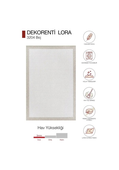 Hoom Rugs Lora 3204 Bej Çerçeveli Pamuk Taban Hav Toz Vermez Sisal Halı