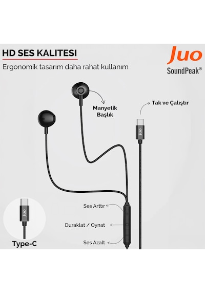 Juo Type-c Mikrofonlu Kablolu Kulak İçi Kulaklık Metal Dac Çip Destekli Enc Gürültü Engelleme Diğer