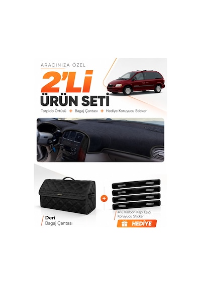 E-biz Chrysler Grand Voyager 2002-2006 Uyumlu Torpido Örtüsü + Deri Bagaj Çantası - Siyah - Cr001
