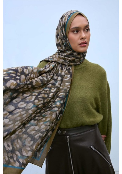 Silk Home Eco Viscose Şal Kına Yeşili Turkuaz Vizon Leopar Desenli Nefes Alan 90x200 Çok Renkli
