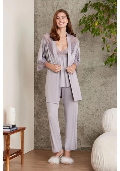 Pierre Cardin 2820 Kadın Penye Dantelli Sabahlıklı Pijama Takım-royal Royal