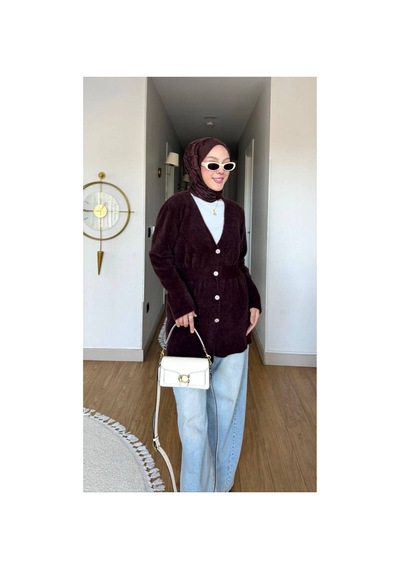 Nes Moda Kadın Düğme Detaylı Bel Büzgülü Angora Tesettür Triko Hırka Kazak Mor Mor