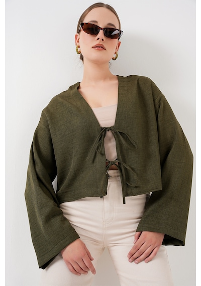 Bigdart Önü Bağlamalı Keten Kimono 960 - Haki