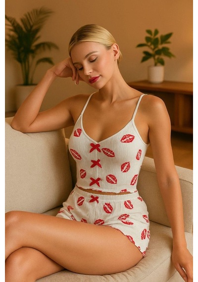 İkikareshop Dudak Desenli Şortlu Pijama Takımı Çok Renkli