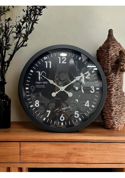 Siyah Metal Çerçeveli Atatürk Duvar Salon Ofis Saati Çap 60 Cm Siyah
