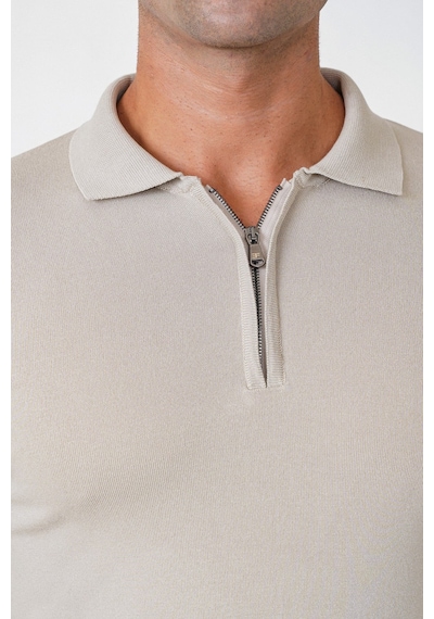 Slim Fit Esnek Pamuklu Fermuarlı Polo Yaka Taş Triko Tr 902