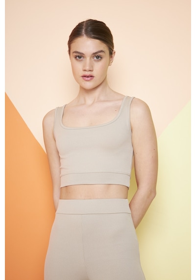 Thiff Gymwear Yeşil Fitilli Kare Yaka Esnek Örme Crop Büstiyer Atlet Bej