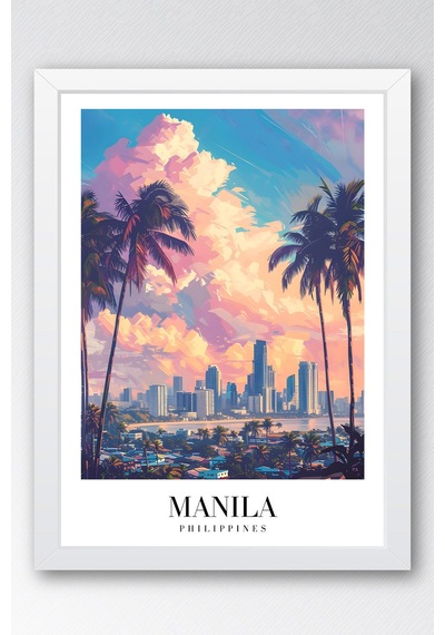 Manila Philippines Vintage Seyahat Posteri Çerçeveli Tablo - Premium Egzotik Şehir Duvar Dekoru Beyaz