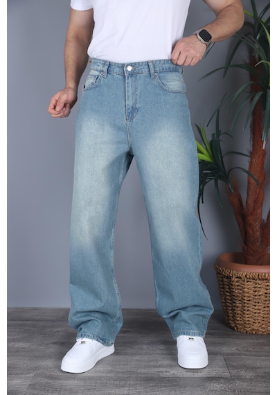 Felvıno Erkek Yıkamalı Süper Baggy Bol Kesim Kot Pantolon Açık Mavi