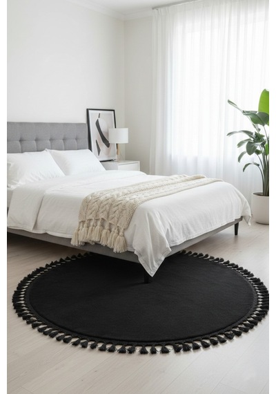 Comfort Yuvarlak Ponpon Saçaklı Peluş Halı Yatak Odası- Çocuk Odası- Antre- Yemek Odası Kaymaz Taban Siyah