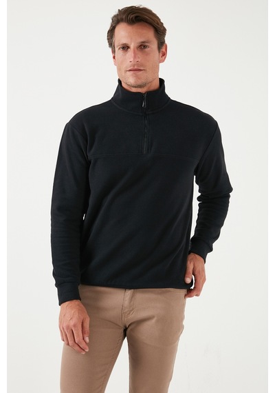 Buratti Pamuklu Regular Fit Yarım Fermuarlı Dik Yaka Erkek Kazak 456112 Siyah