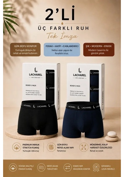 Veraura Lifestyle Erkek Likralı Pamuklu Nefes Alan Penye Boxer 2li Paket - Siyah - Lacivert Çok Renkli