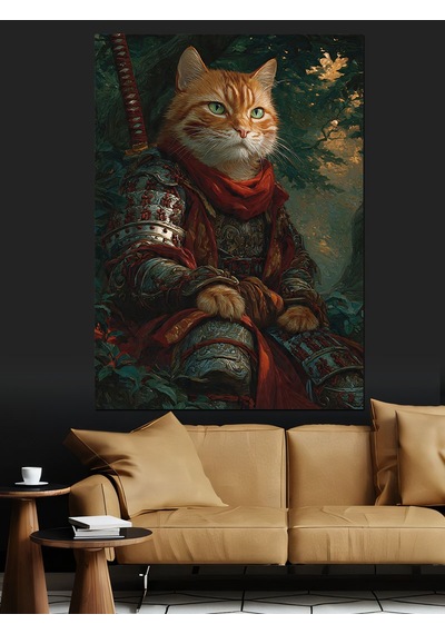 Ahşap Tablo Zırh Giyen Kedi Savaşçı