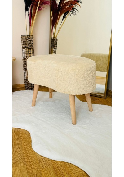 Fasulye Model Ahşap Ayaklı Teddy Kumaş Dekoratif Puf Bench Ekru
