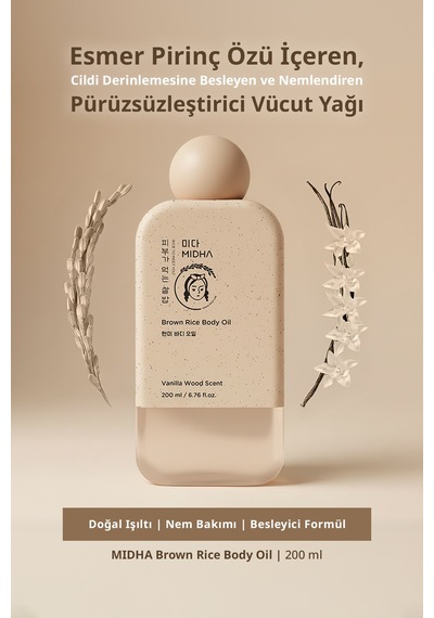 Midha Brown Rice Esmer Pirinç Özlü Besleyici ve Nemlendirici Vücut Yağı 200 ML