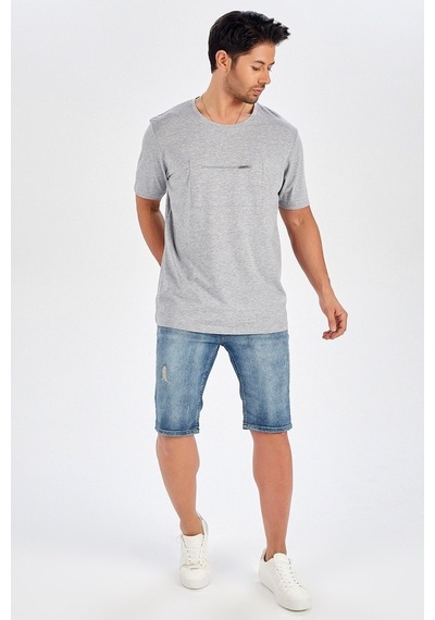 Peraluna Ön Orta Fermuarlı Düz Kesim Açık Gri Erkek T-Shirt-Gri