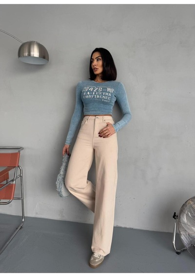Bej Denım Kumaş Wide-leg Pantolon Bej