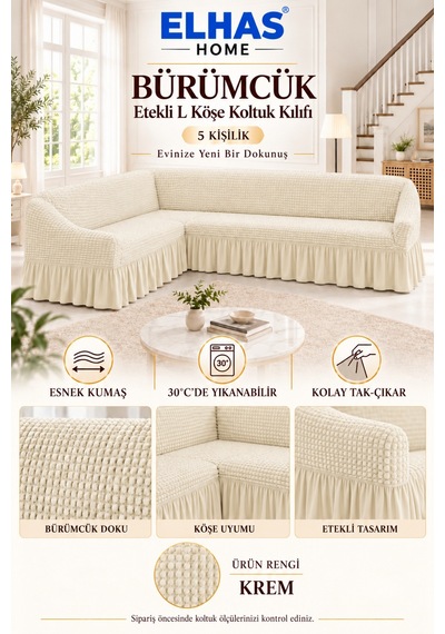 Bürümcük Kumaş 5 Kişilik Etekli L Köşe Koltuk Kılıfı Krem - 934819522 Krem