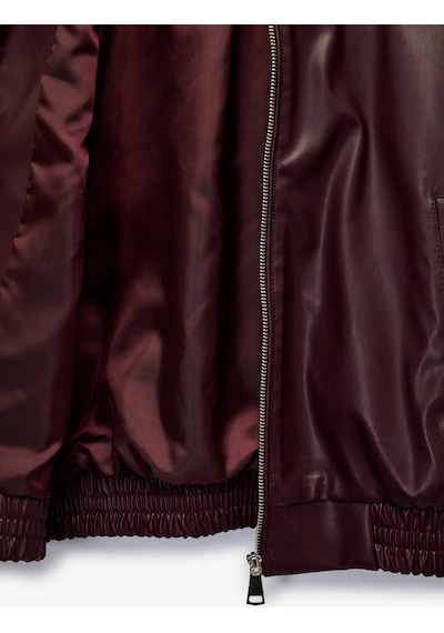 Koton Klasik Yaka Cepli Fermuarlı Suni Deri Oversize Bomber Ceket Bordo 6wal20150ıw Bordo