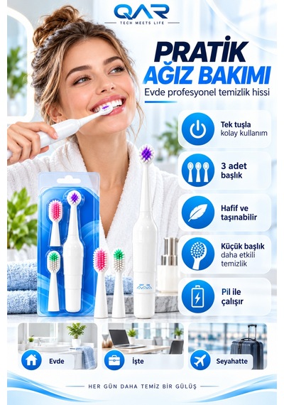 Elektrikli Masajlı Diş Fırçası 3 Başlıklı Yumuşak Kıllı Ağız Bakım Fırçası