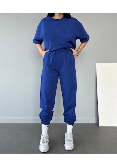 Hırsch Kadın Oversize Düz Mavi Eşofman T-shirt Takım Mavi