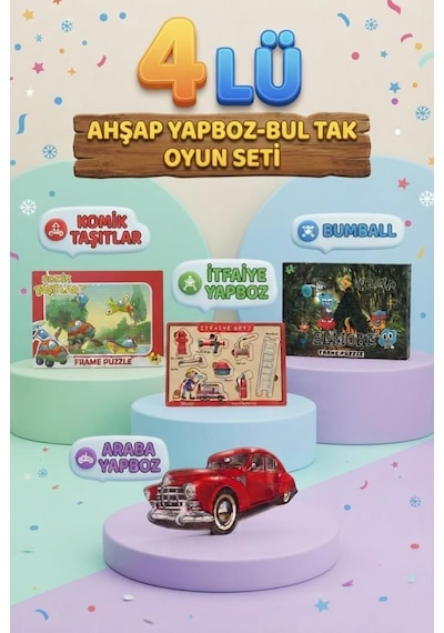 Eğitici Öğterici Ve Eğlenceli 4'lü Frame Yapboz Hikayeli Ve Bul-tak Oyun Seti 4lü Çok Renkli