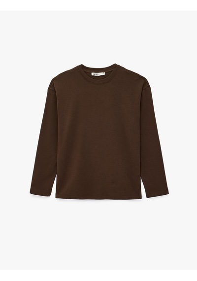 Koton Pamuklu Uzun Kollu Bisiklet Yaka Basic Oversize Tişört Kahverengi 7wak50029ek Kahve