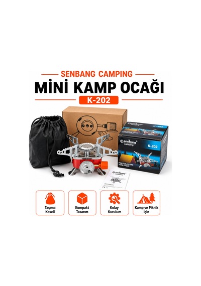 Senbang Camping K-202 Mini Kamp Ocağı Portatif Kartuşlu Gaz Ocağı, Taşıma Keseli Kompakt Piknik Ocağı Kırmızı