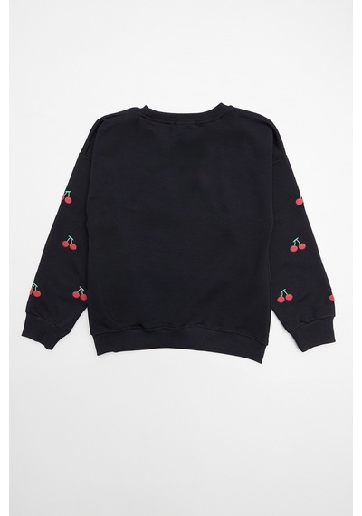 Kolları Kiraz Nakışlı Kız Çocuk Sweatshirt 26kcck7336132979-siyah Siyah