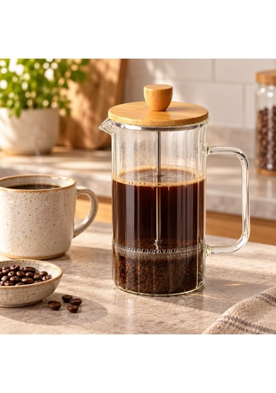 Bambu Kapaklı French Press, 1000 Ml Borosilikat Cam Filtre Kahve Ve Bitki Çayı Demliği, Cam Kulplu, Manuel Pres Filt Diğer