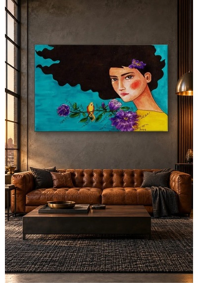 Fida Turkuaz Fonda Kuşlu Ve Çiçekli Kara Saçlı Kız Canvas Tablo Çok Renkli