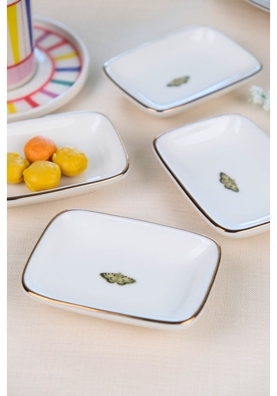 Tabak Evi Kelebek Altın Yaldızlı Dikdörtgen Kayık Tabak 10x7x2cm 4 Lü Çok Renkli