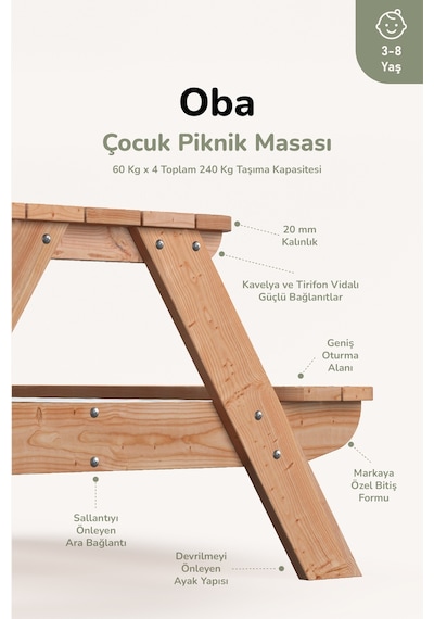 Ovlo Ahşap Çocuk Bahçe Masası Şemsiye Delikli 3-8 Yaş 4 Kişilik Oba Naturel