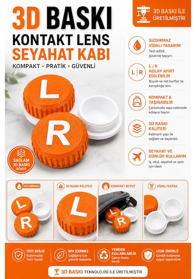 3d Baskı Kontakt Lens Saklama Ve Seyahat Kabı L/r Vidalı Kapak