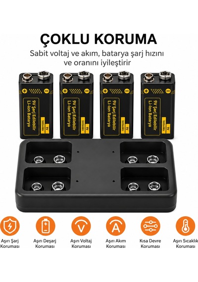 Qasul 9v Pil Şarj Cihazı 4 Yuvalı Micro Usb Girişli Li-ıon Ni-mh Ni-cd Uyumlu Akıllı Şarj Cihazı