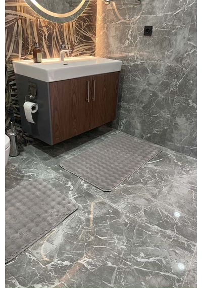 Modern Bubble Yıkanabilir Kaymaz Peluş Banyo Paspası Halısı 2'li Klozet Takımı 60x100 Ve 50x60 Gri