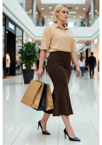 Frm Kadın Moda Stil Maxi Astarsız Örme Büyük Beden Örme Etek Koyu Kahverengi