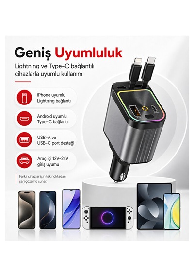 66w Geri Çekilebilir 4'ü 1 Arada Araç Şarj Cihazı Type-c Lightning 01