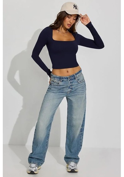 Seeh Lacivert Kare Yaka Uzun Kollu Kadın Body Sh206