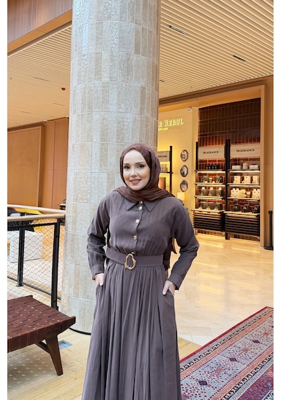 Riella Butik Liora Kemer Detaylı Tesettür Elbise Kahverengi