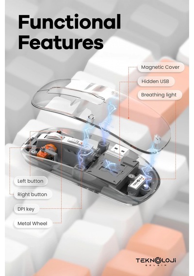 Bluetooth Usb Çift Modlu Sessiz Mouse, Şeffaf Mıknatıslı Kapaklı, Type-c Şarjlı, Dpı Ayarlı, Kablosu