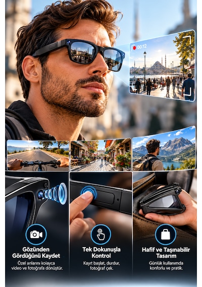 Kameralı Akıllı Gözlük Bluetooth Wifi Bağlantılı Fotoğraf Video Ve Ses Kayıtlı Yapay Zeka Destekli Cy03
